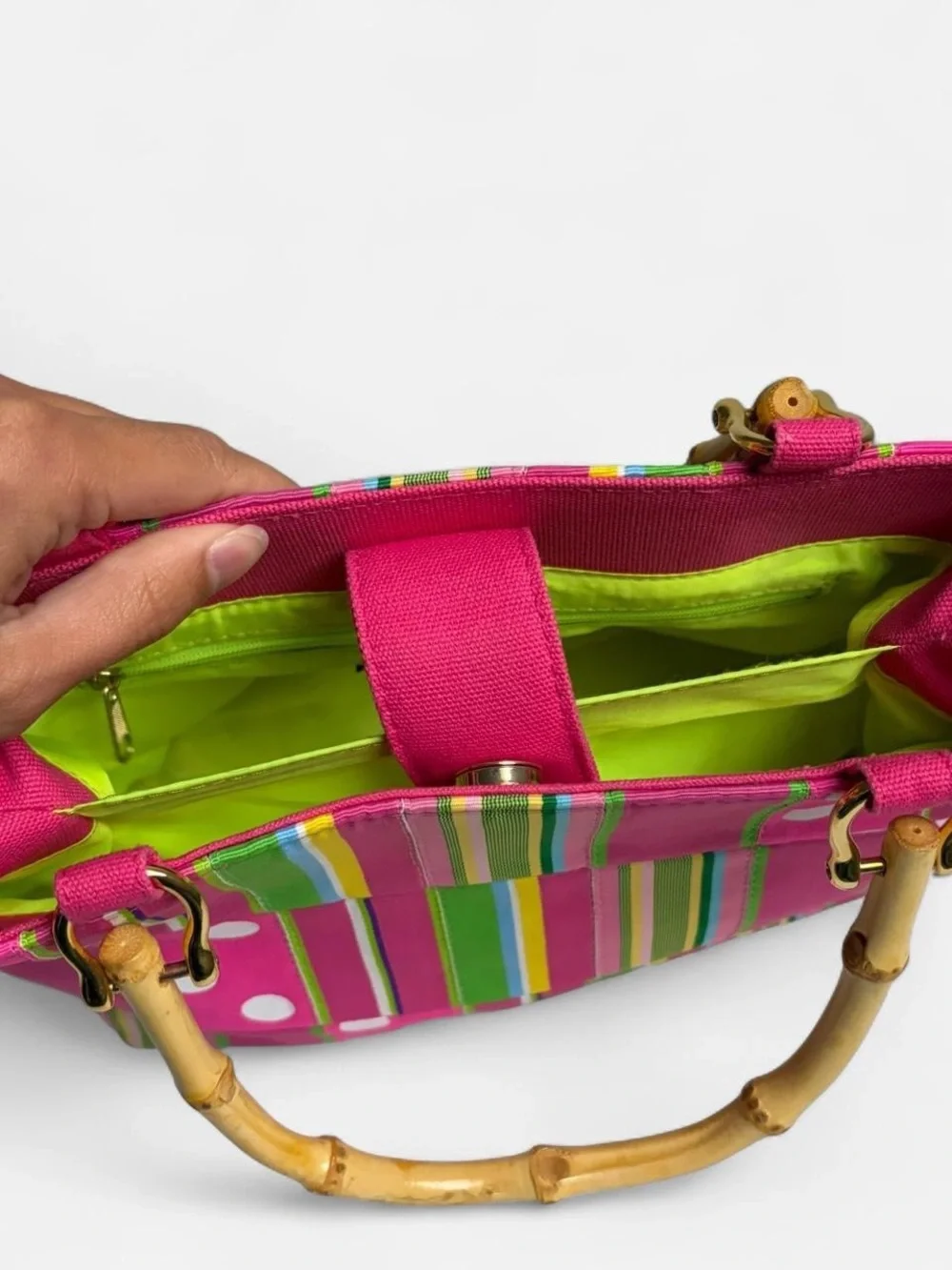 Tiannl Striped Polka Dot Canvas Tote with Bamboo Handles